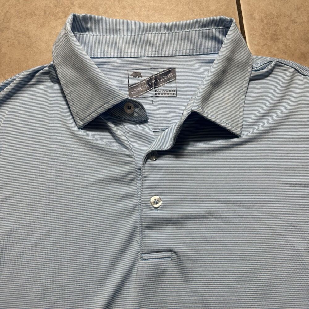 Onward Reserve Men’s L Reserve Label Blue White Stripe Short Sleeve Polo Shirt